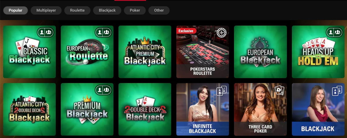 The table games catalogue in PokerStars NJ